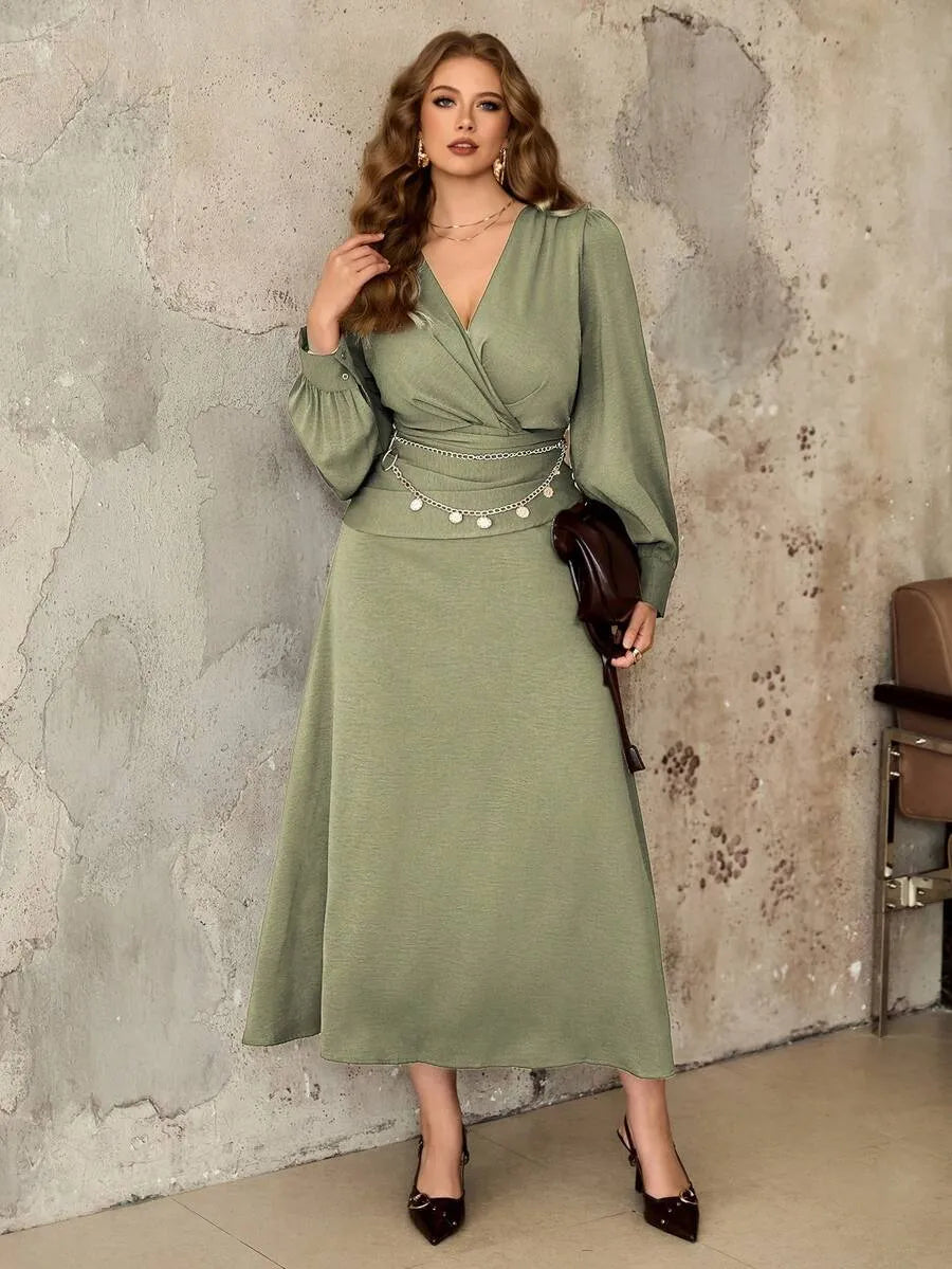 SHEIN Roveilla فستان نسائي بياقة وخصر برباط وتفاصيل كشكش بلون أخضر نعناع