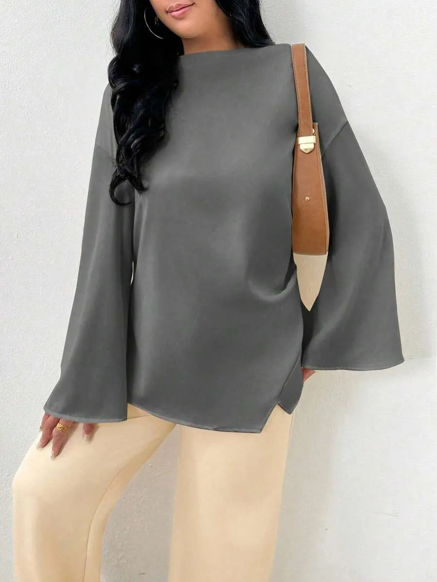 SHEIN INAWLY بلوزة نسائية طويلة بياقة قارب وأكمام واسعة وقصة غير متماثلة بلون رمادي