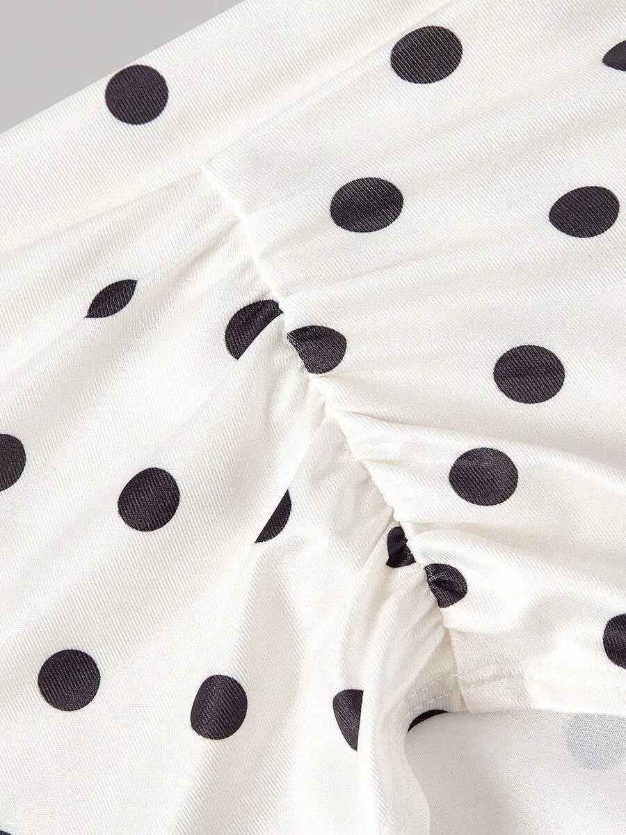 SHEIN MOD فستان نسائي طويل بنقشة منقطة وياقة غير متماثلة وخصر عالٍ بلون أبيض وأسود