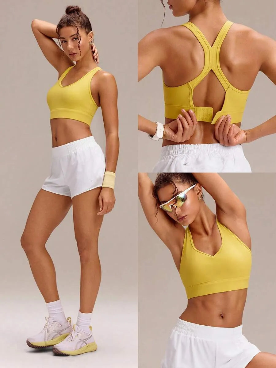 SHEIN GLOWMODE توب رياضي نسائي برقبة وظهر ريسر باك ودعم متوسط بلون أصفر مشمس