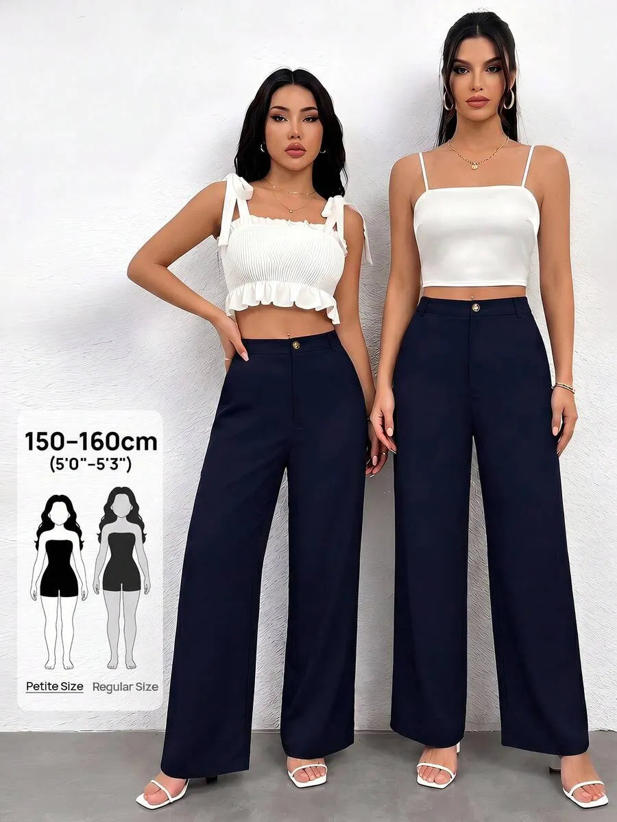 SHEIN PETITE بنطال نسائي فضفاض بجيوب بلون أزرق قوي