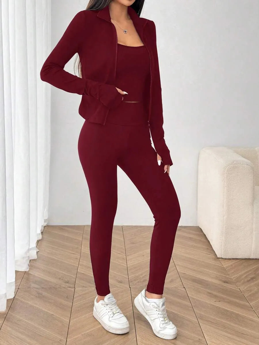 SHEIN EZwear طقم رياضي نسائي 3 قطع جاكيت محبوك وتوب قصير وليجنز بلون عنابي
