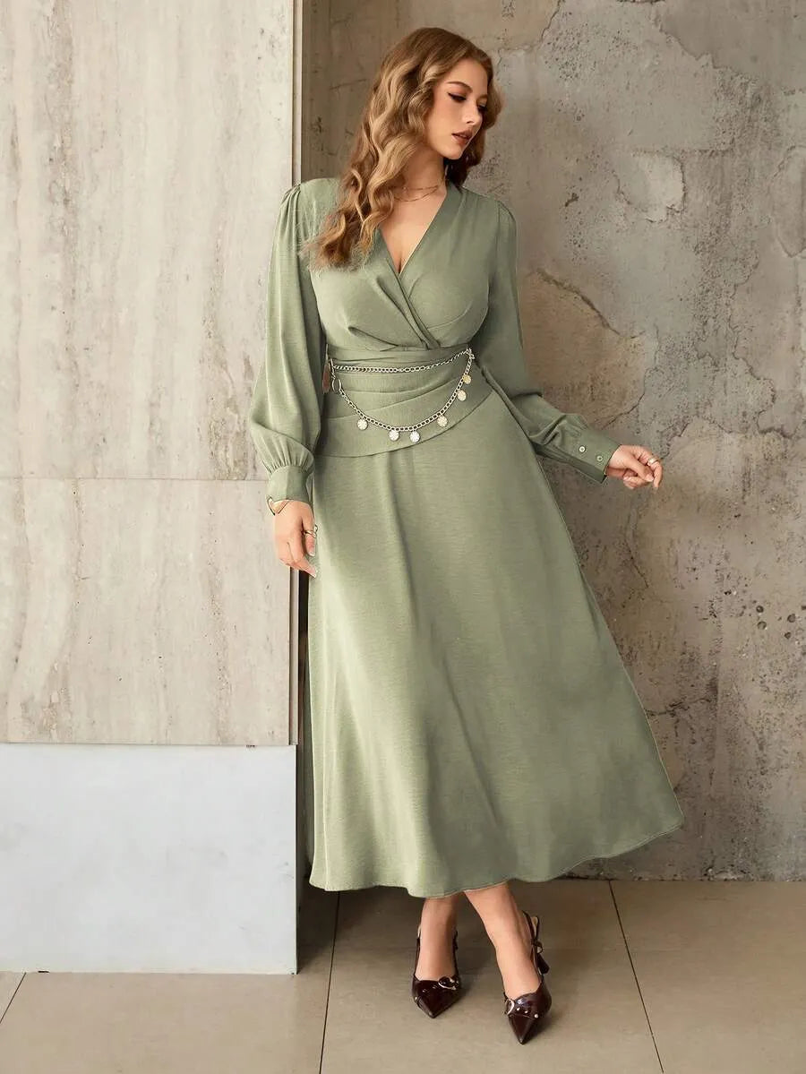 SHEIN Roveilla فستان نسائي بياقة وخصر برباط وتفاصيل كشكش بلون أخضر نعناع