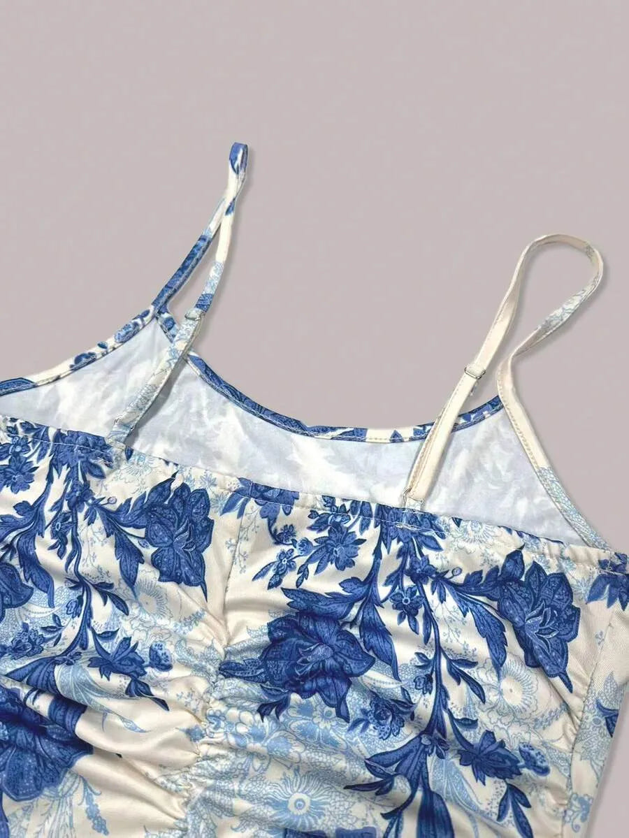 SHEIN طقم كارديجان محبوك بأكمام واسعة مع فستان بطبعة زهور بلون الأزرق