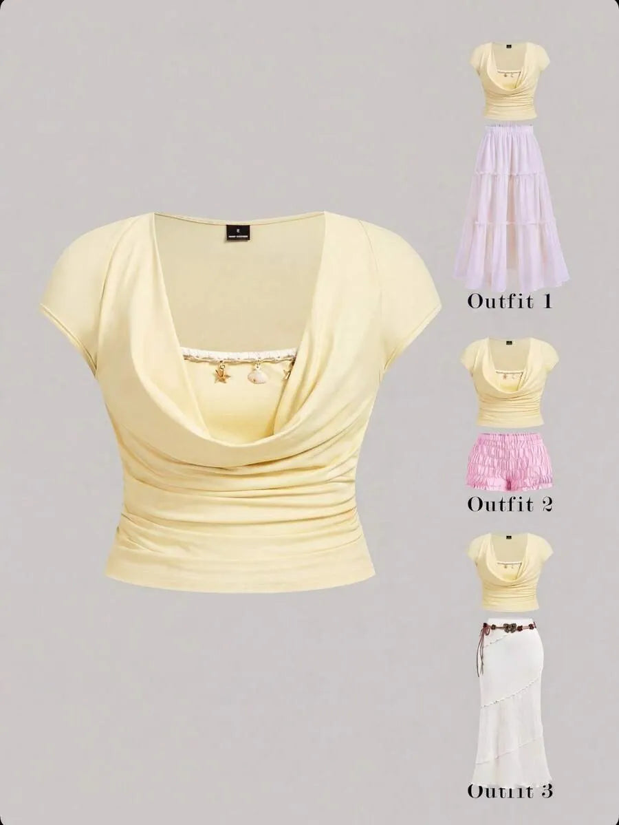 SHEIN MOD تي شيرت نسائي ضيق بتصميم مجعد وأكمام قصيرة واسعة بلون أصفر
