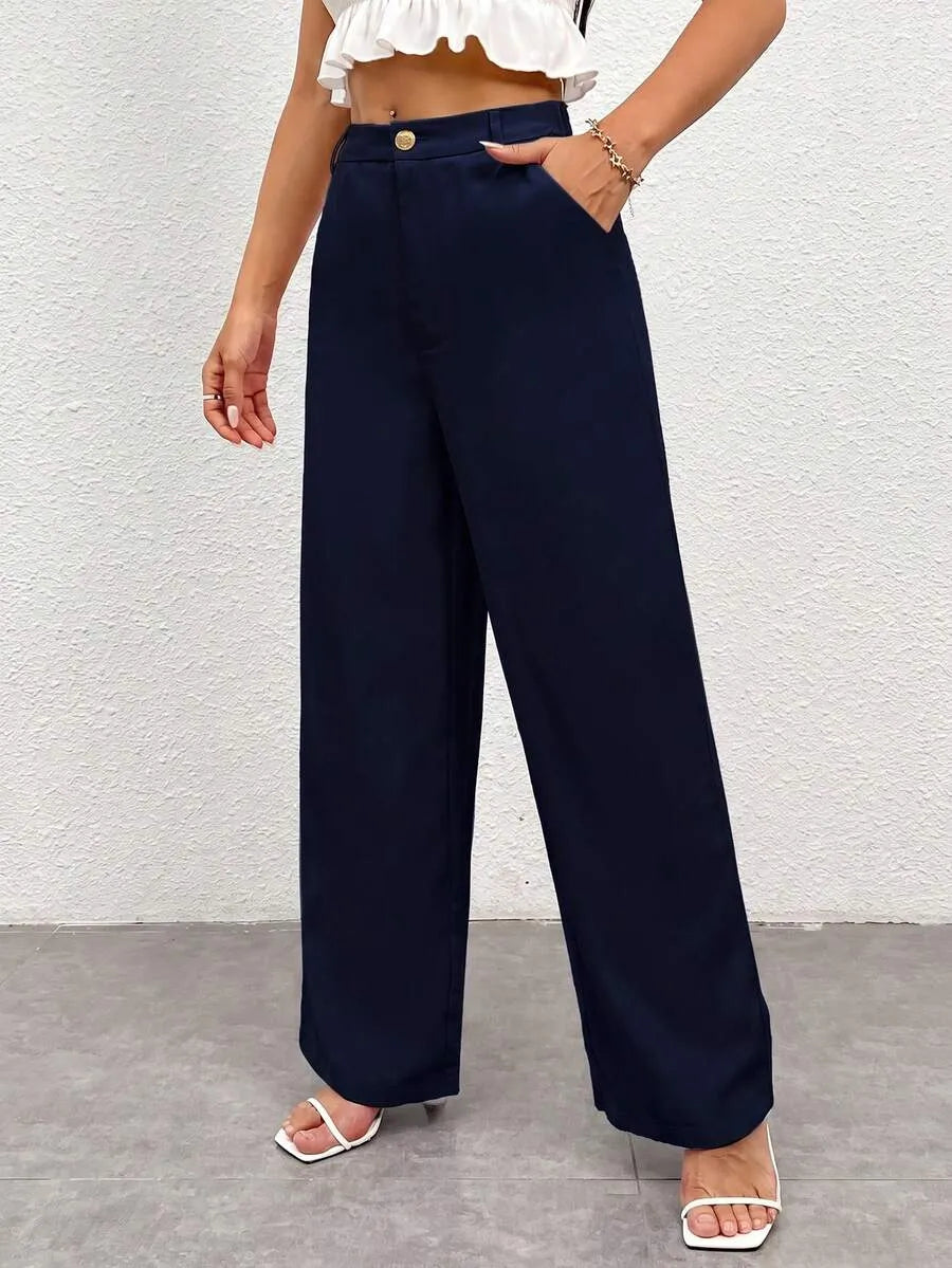 SHEIN PETITE بنطال نسائي فضفاض بجيوب بلون أزرق قوي