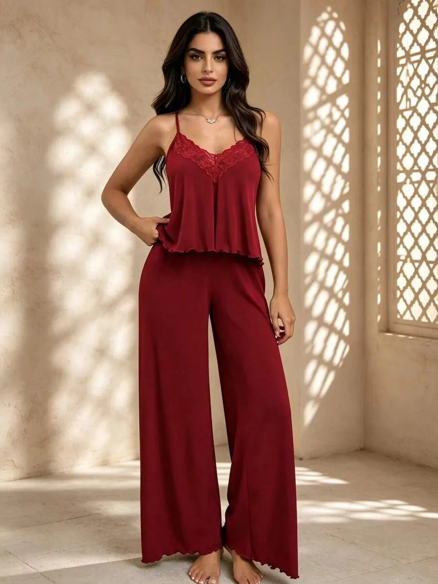SHEIN Temptuelle طقم بيجاما قطعتين بحافة دانتيل وبنطلون طويل بلون عنابي