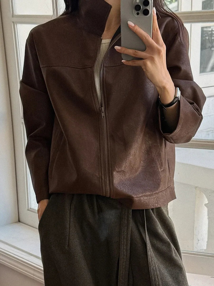 SHEIN DAZY معطف جلد صناعي بسحاب وأكتاف منسدلة