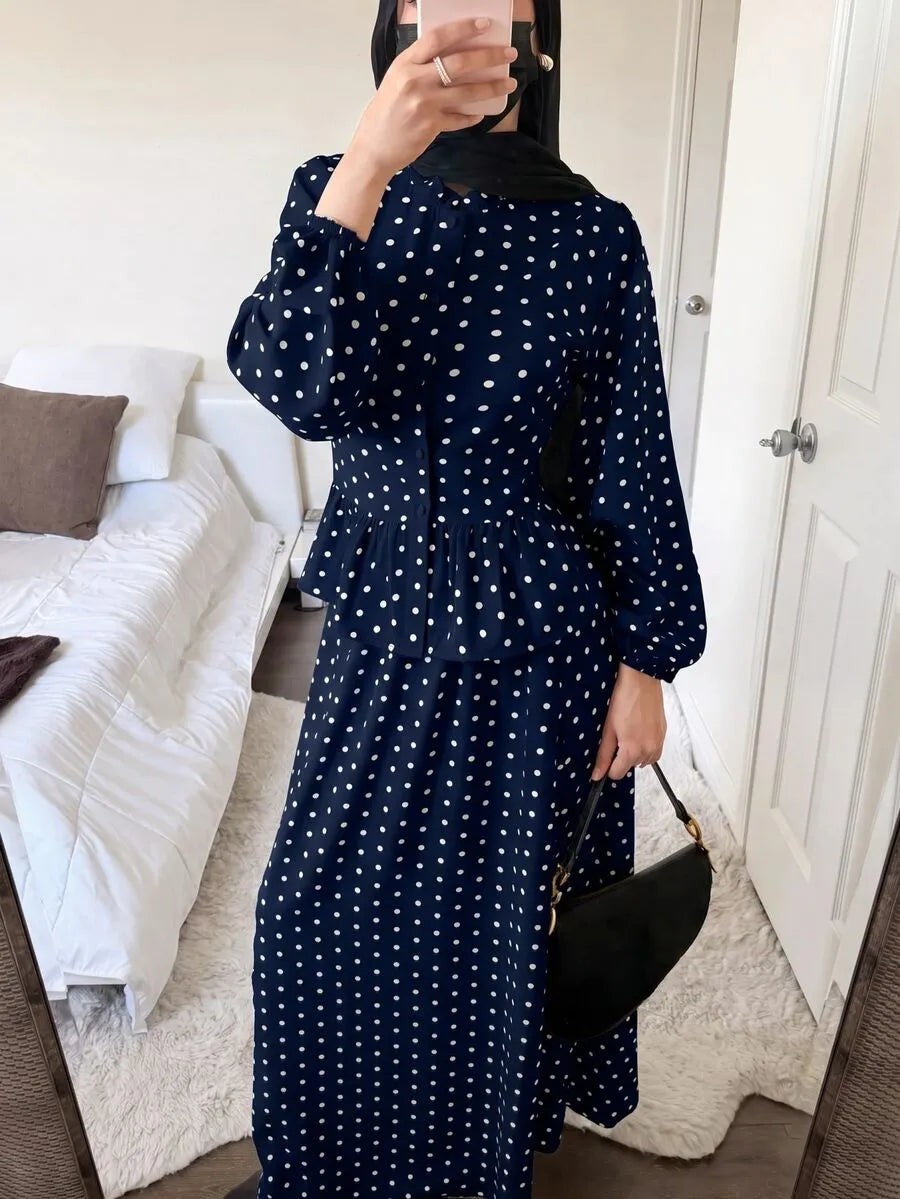 SHEIN Solavon طقم نسائي قطعتين بلوزة وتنورة طويلة بنقشة بولكا دوت بلون أزرق بحري