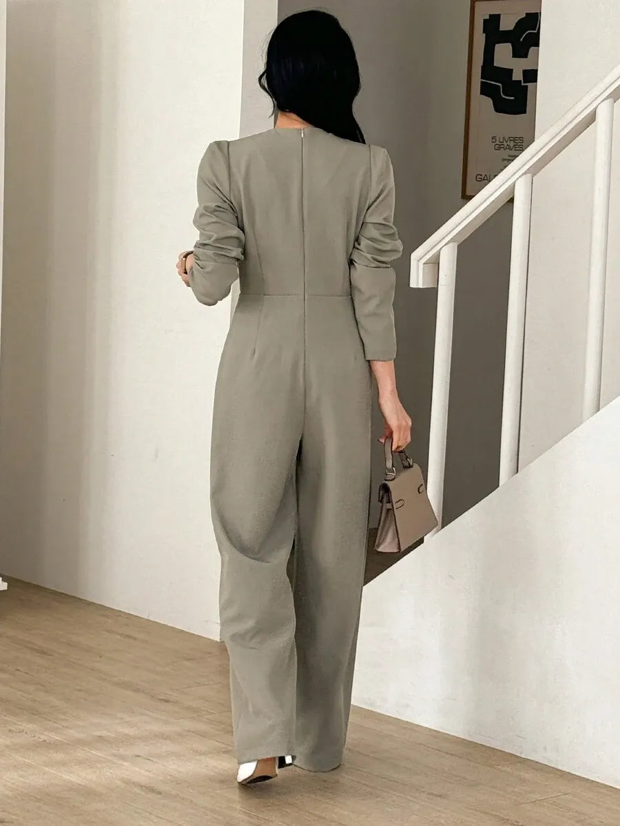 SHEIN DAZY جمبسوت نسائي بياقة وتصميم غير متماثل وسحاب بلون كاكي