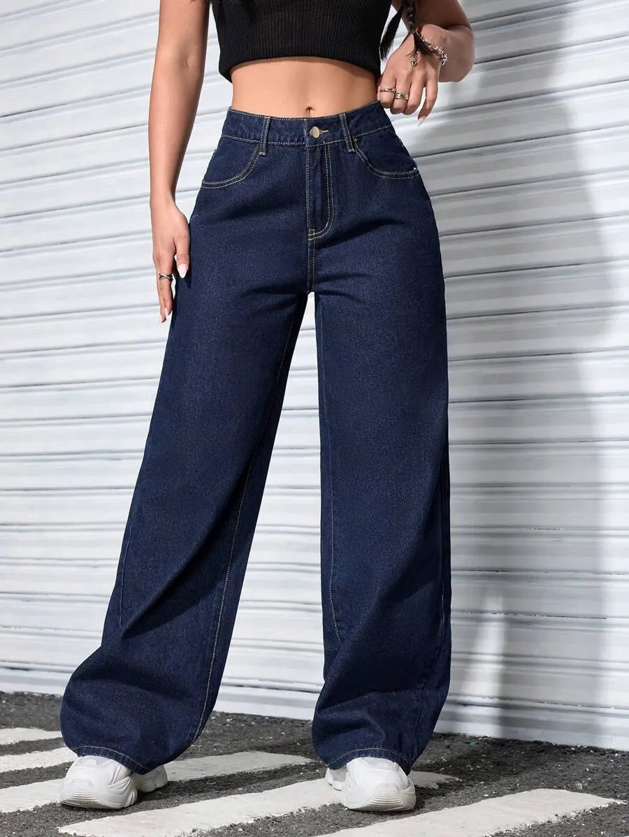 SHEIN PETITE بنطلون جينز فضفاض بخصر عالٍ بلون أزرق داكن