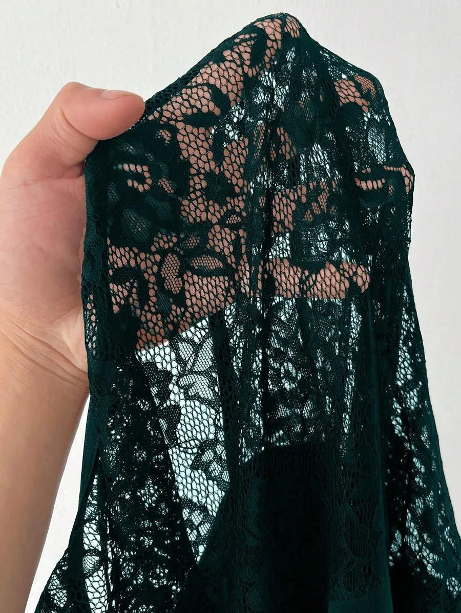 SHEIN Viva Relle فستان نسائي بياقة مربعة ونقشة زهور بلون أخضر داكن