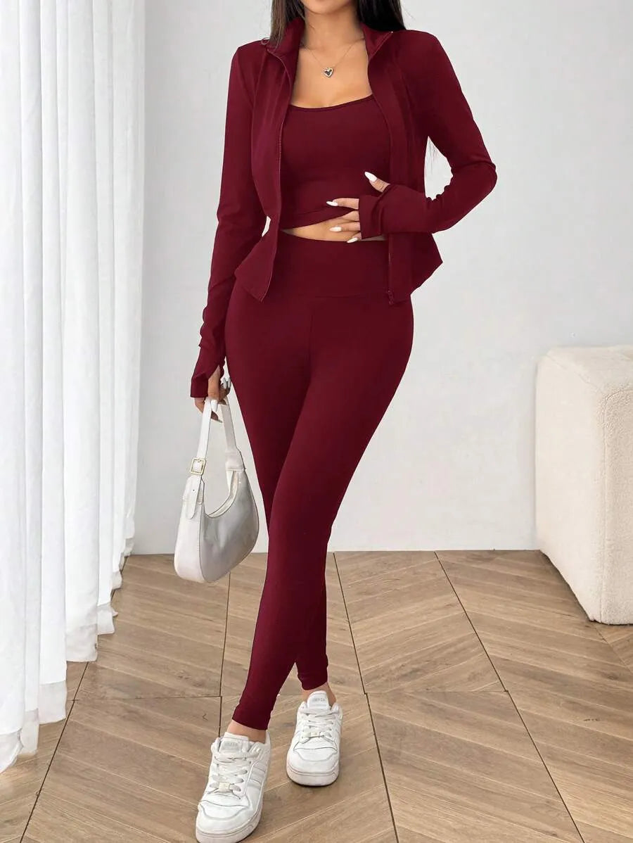 SHEIN EZwear طقم رياضي نسائي 3 قطع جاكيت محبوك وتوب قصير وليجنز بلون عنابي