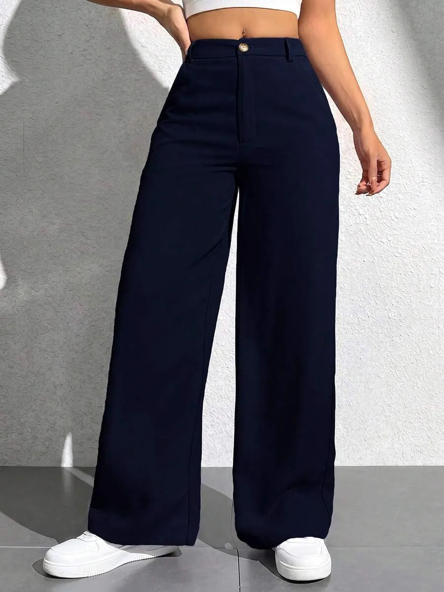 SHEIN PETITE بنطال نسائي فضفاض بجيوب بلون أزرق قوي