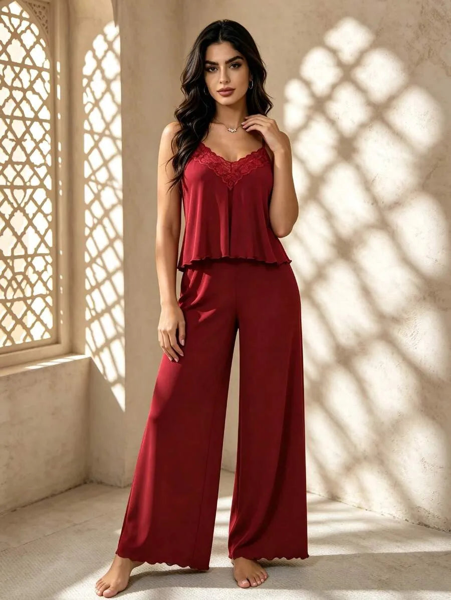 SHEIN Temptuelle طقم بيجاما قطعتين بحافة دانتيل وبنطلون طويل بلون عنابي
