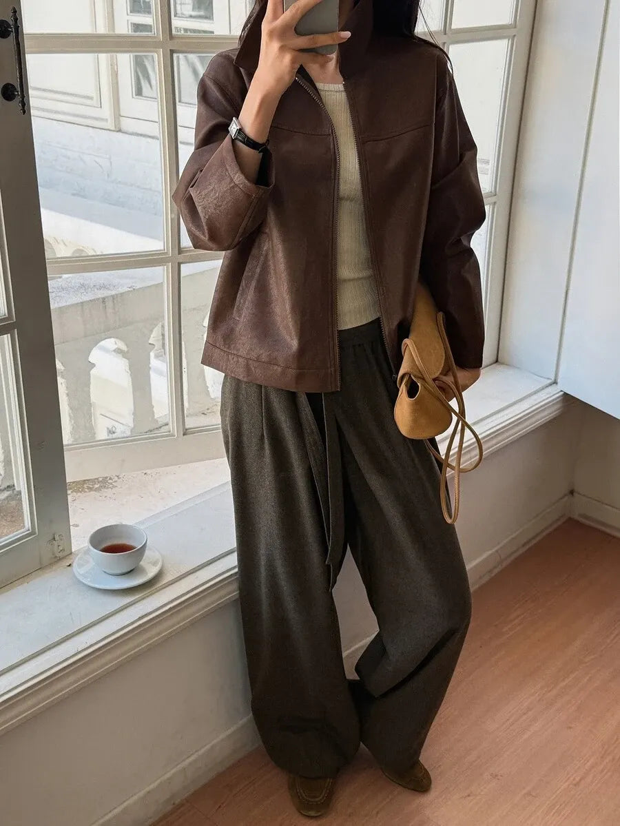 SHEIN DAZY معطف جلد صناعي بسحاب وأكتاف منسدلة