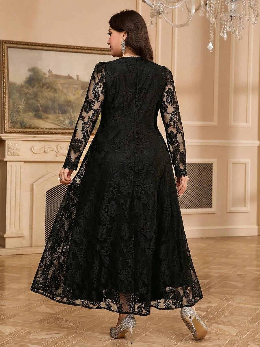 SHEIN Modelyn فستان نسائي طويل من الدانتيل بياقة وأكمام طويلة بلون أسود