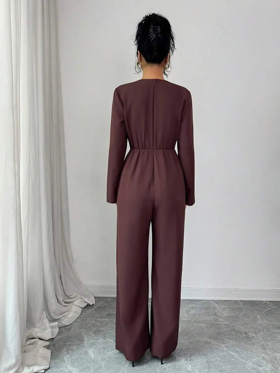 SHEIN Elenzga جمبسوت نسائي بياقة وتصميم متقاطع وسحاب بلون بني