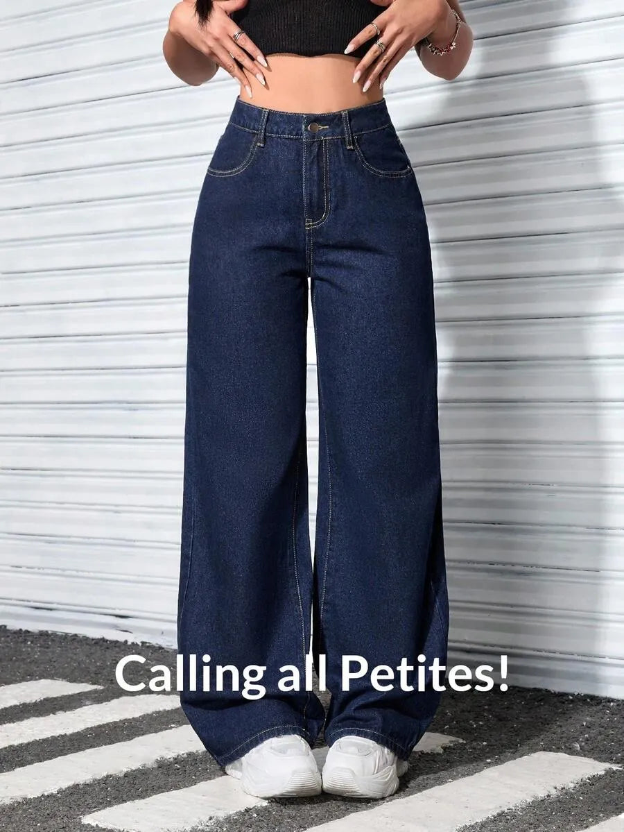 SHEIN PETITE بنطلون جينز فضفاض بخصر عالٍ بلون أزرق داكن