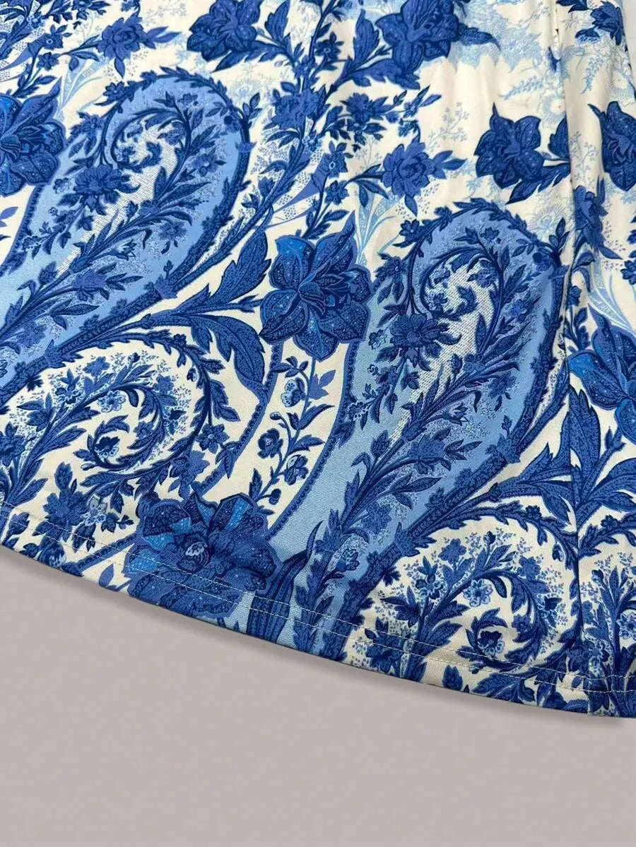 SHEIN طقم كارديجان محبوك بأكمام واسعة مع فستان بطبعة زهور بلون الأزرق