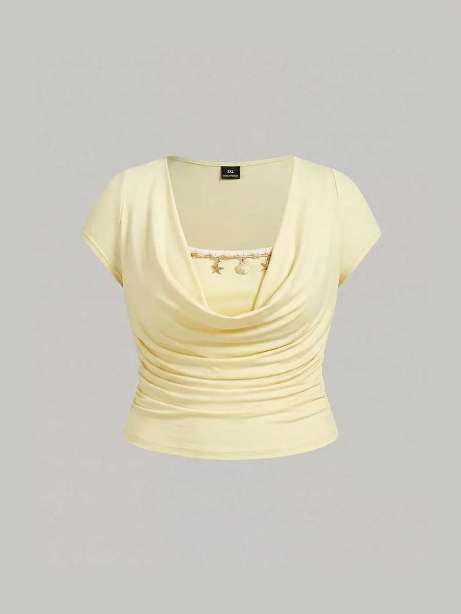 SHEIN MOD تي شيرت نسائي ضيق بتصميم مجعد وأكمام قصيرة واسعة بلون أصفر