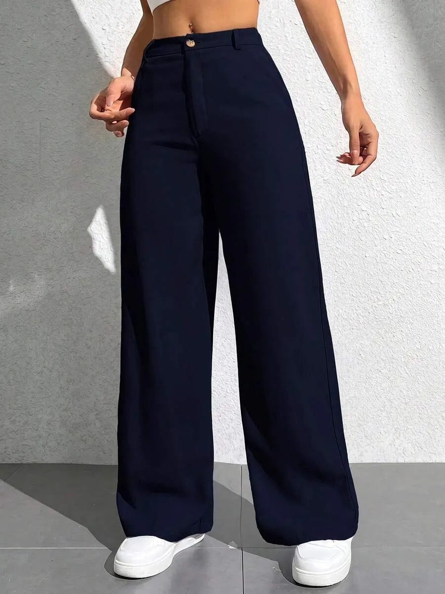 SHEIN PETITE بنطال نسائي فضفاض بجيوب بلون أزرق قوي