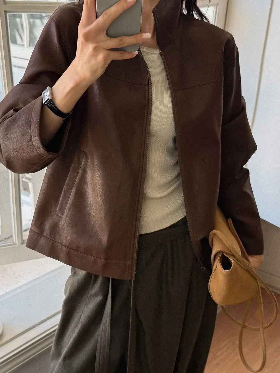 SHEIN DAZY معطف جلد صناعي بسحاب وأكتاف منسدلة