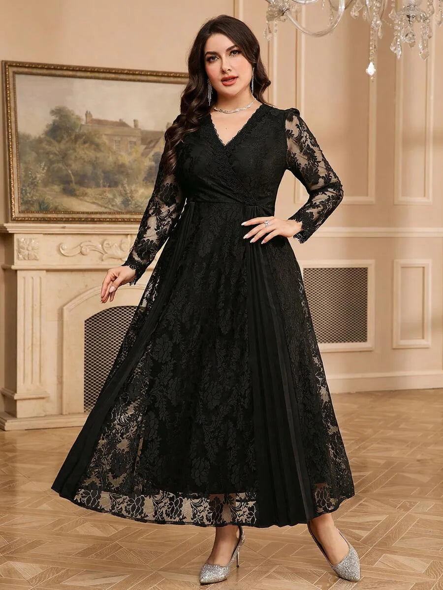 SHEIN Modelyn فستان نسائي طويل من الدانتيل بياقة وأكمام طويلة بلون أسود