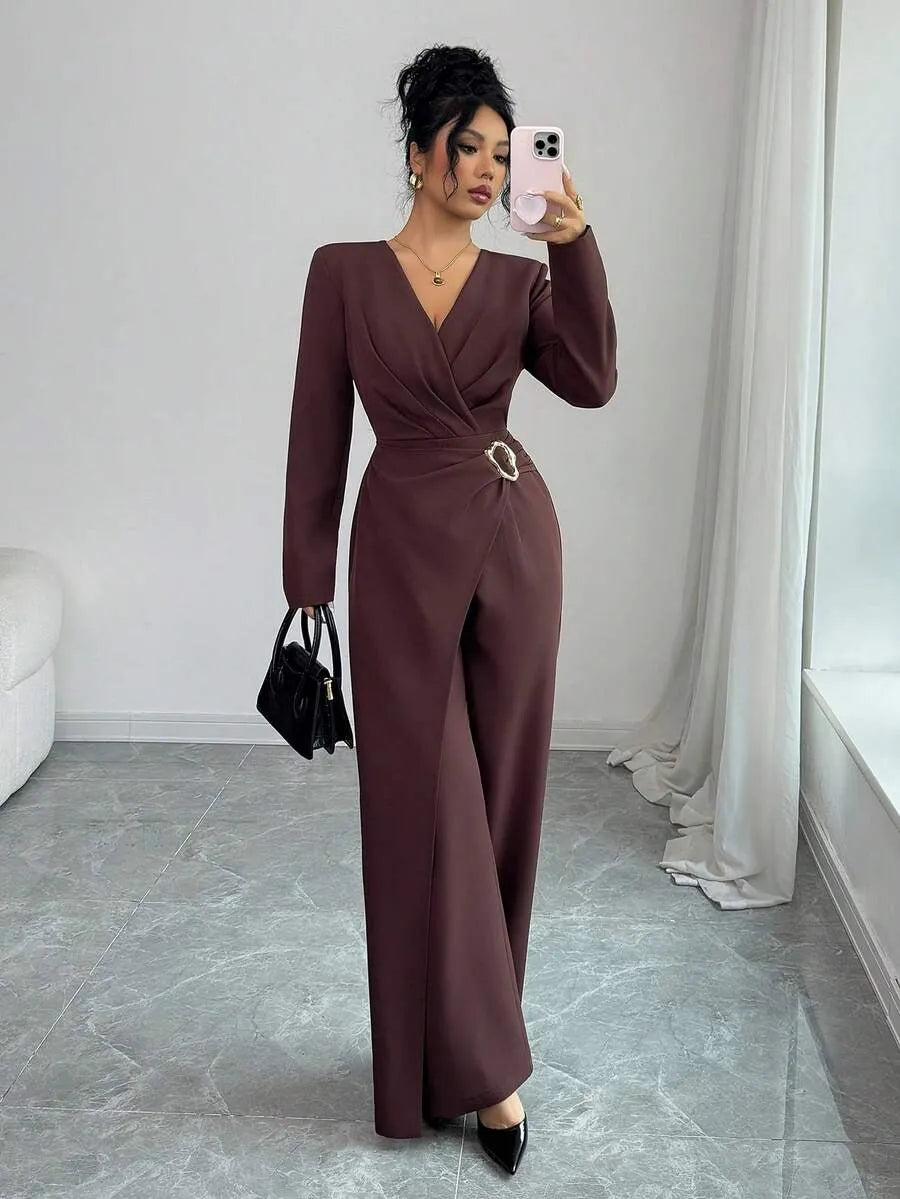 SHEIN Elenzga جمبسوت نسائي بياقة وتصميم متقاطع وسحاب بلون بني