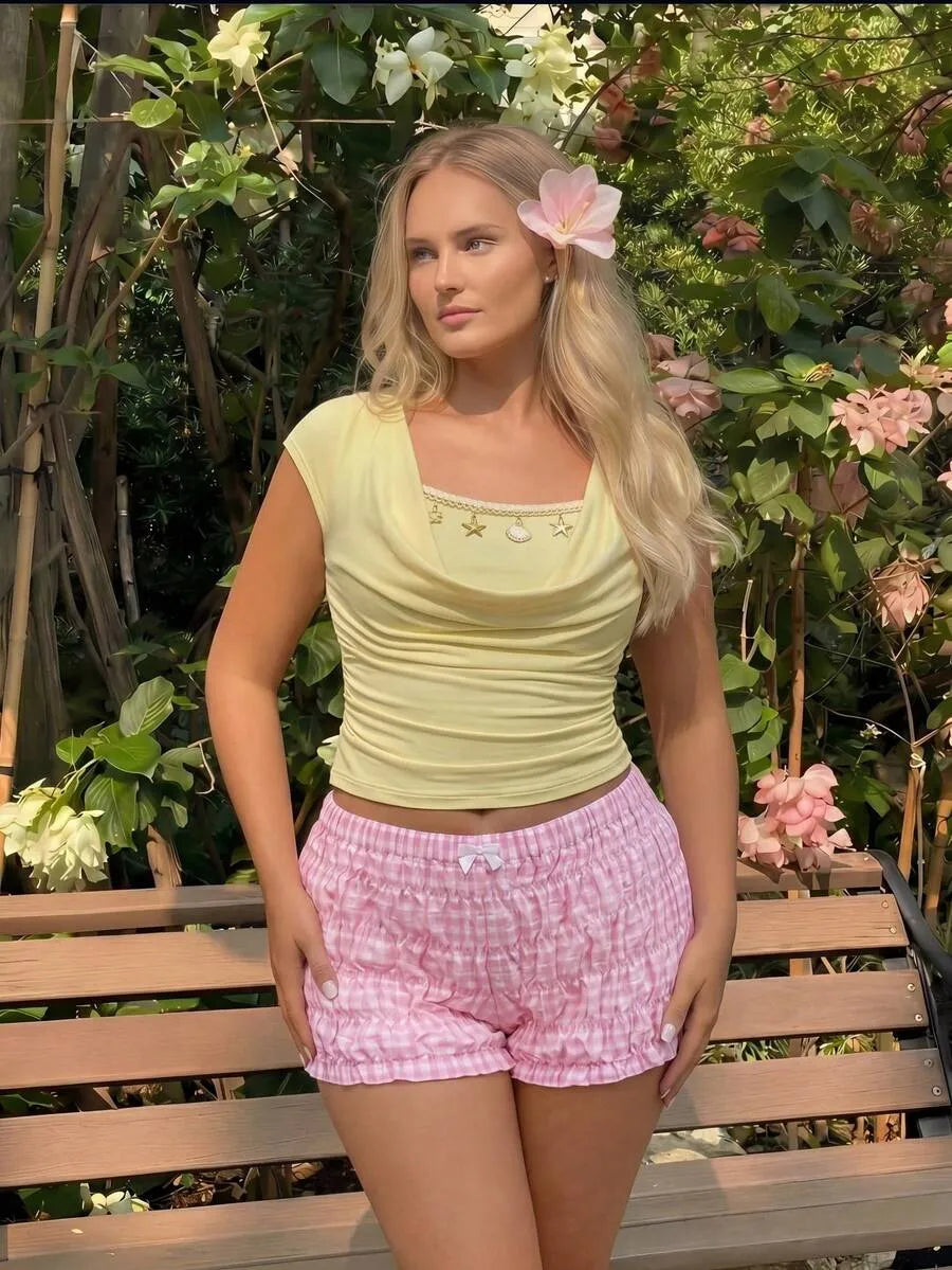 SHEIN MOD تي شيرت نسائي ضيق بتصميم مجعد وأكمام قصيرة واسعة بلون أصفر