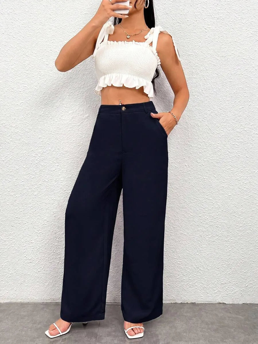 SHEIN PETITE بنطال نسائي فضفاض بجيوب بلون أزرق قوي