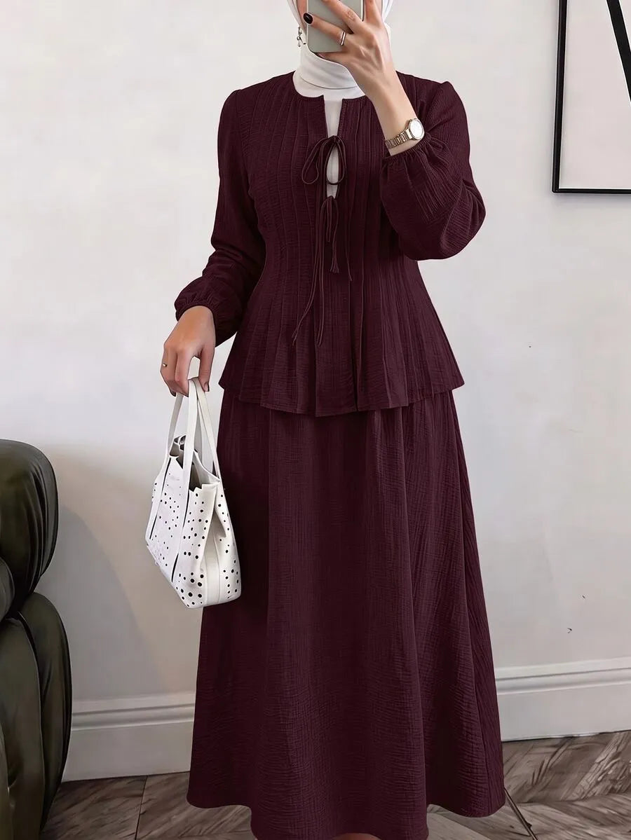 SHEIN Solavon طقم نسائي قطعتين بلوزة بأكمام طويلة وتنورة طويلة برباط أمامي بلون عنابي