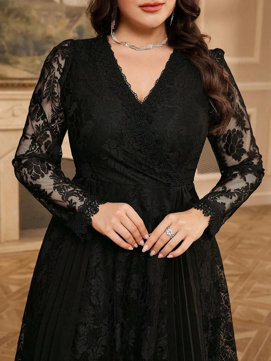 SHEIN Modelyn فستان نسائي طويل من الدانتيل بياقة وأكمام طويلة بلون أسود