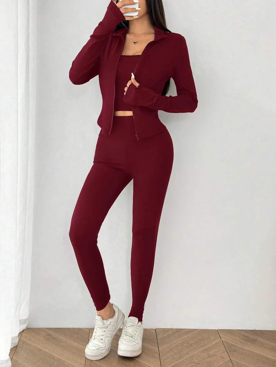 SHEIN EZwear طقم رياضي نسائي 3 قطع جاكيت محبوك وتوب قصير وليجنز بلون عنابي