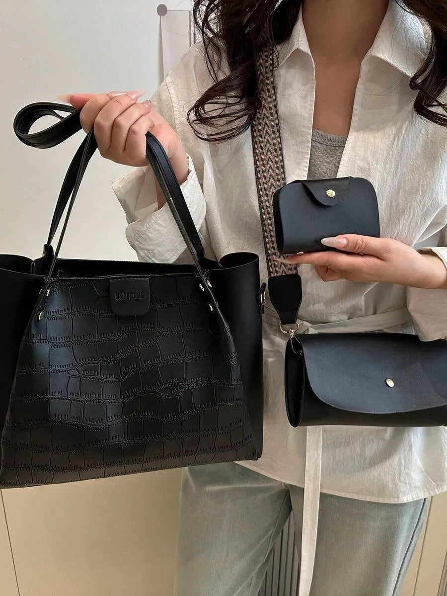 SHEIN حقيبة توت وكتف ومحفظة من البولي يوريثان برقعات ملونة مجموعة 3 قطع