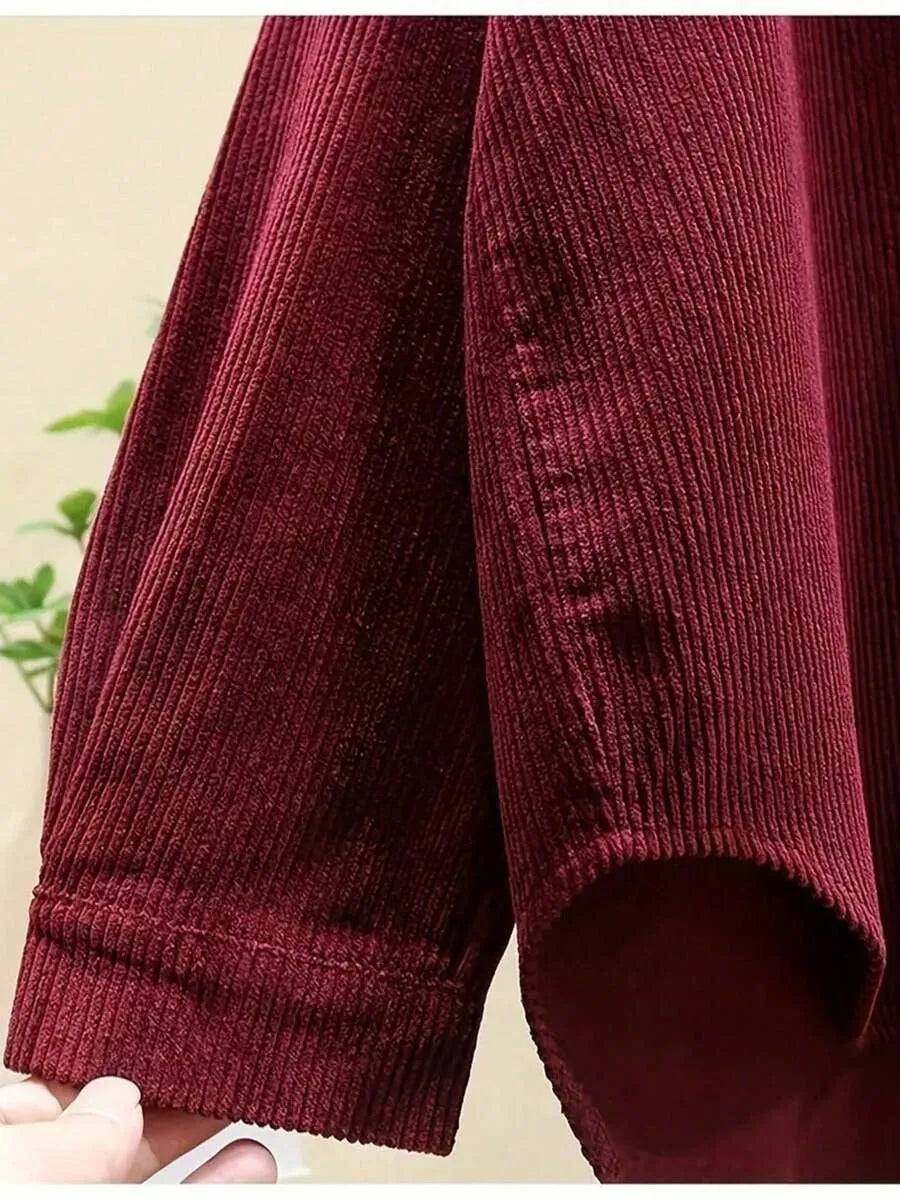 SHEIN قميص نسائي فضفاض من الكوردوروي بياقة بولو وأكمام طويلة بلون عنابي