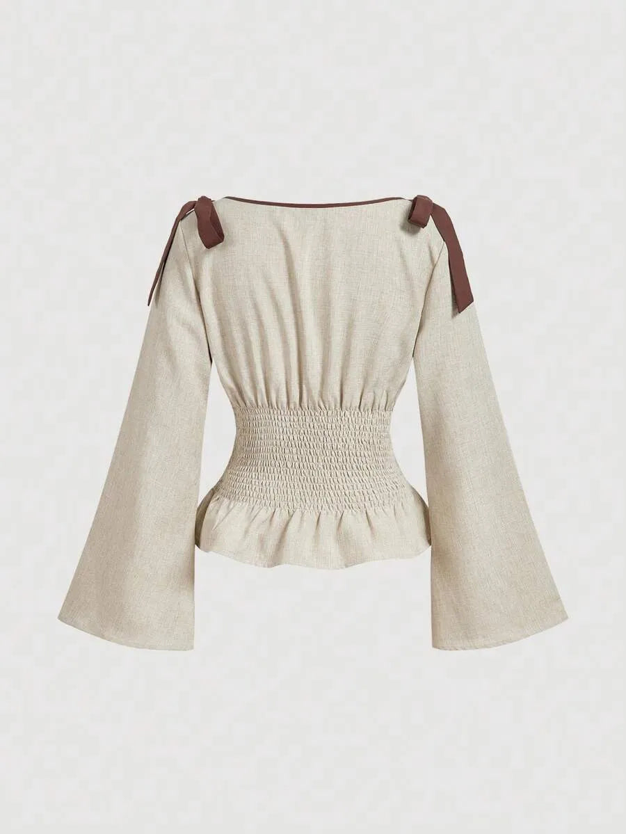 SHEIN MOD بلوزة نسائية أنيقة بأكمام واسعة وربطة عنق وتفاصيل كشكش بلون كاكي