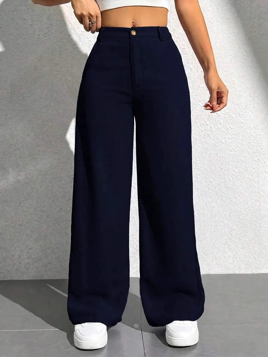 SHEIN PETITE بنطال نسائي فضفاض بجيوب بلون أزرق قوي