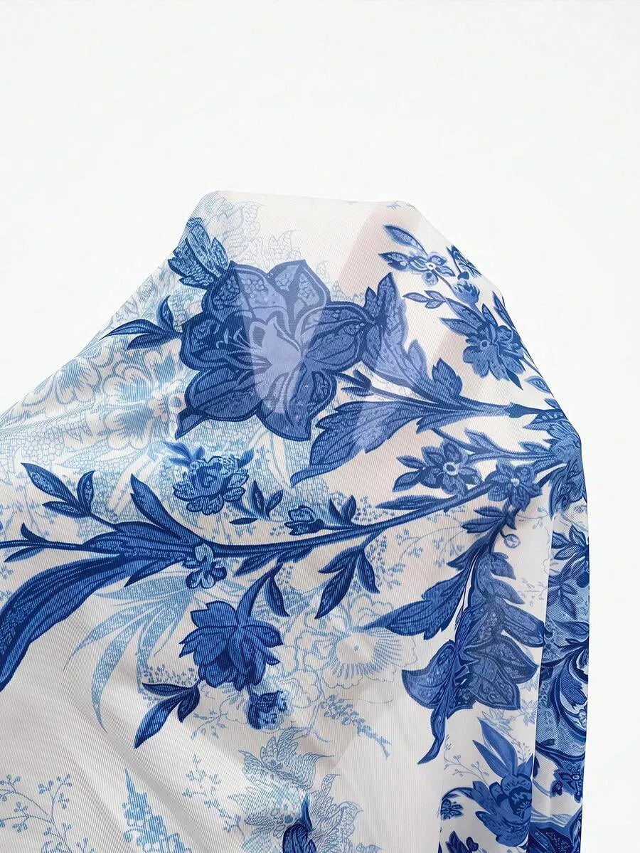SHEIN طقم كارديجان محبوك بأكمام واسعة مع فستان بطبعة زهور بلون الأزرق