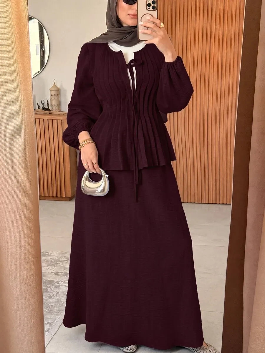 SHEIN Solavon طقم نسائي قطعتين بلوزة بأكمام طويلة وتنورة طويلة برباط أمامي بلون عنابي