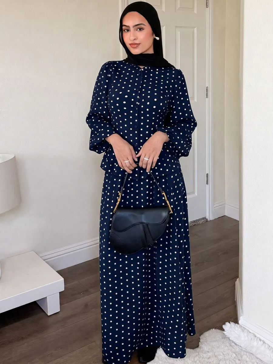 SHEIN Solavon طقم نسائي قطعتين بلوزة وتنورة طويلة بنقشة بولكا دوت بلون أزرق بحري