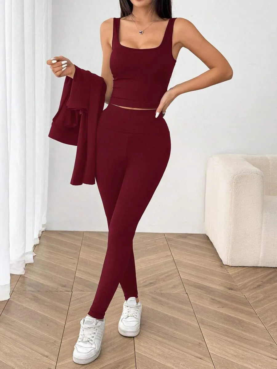 SHEIN EZwear طقم رياضي نسائي 3 قطع جاكيت محبوك وتوب قصير وليجنز بلون عنابي