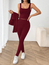 SHEIN EZwear طقم رياضي 3 قطع جاكيت محبوك وتوب قصير وليجنز بلون عنابي