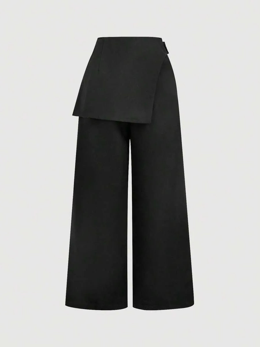 SHEIN MOD بنطلون نسائي واسع الساق بخصر عالٍ وأزرار وسحاب بلون أسود