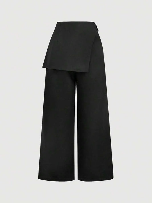 SHEIN MOD بنطلون نسائي واسع الساق بخصر عالٍ وأزرار وسحاب بلون أسود