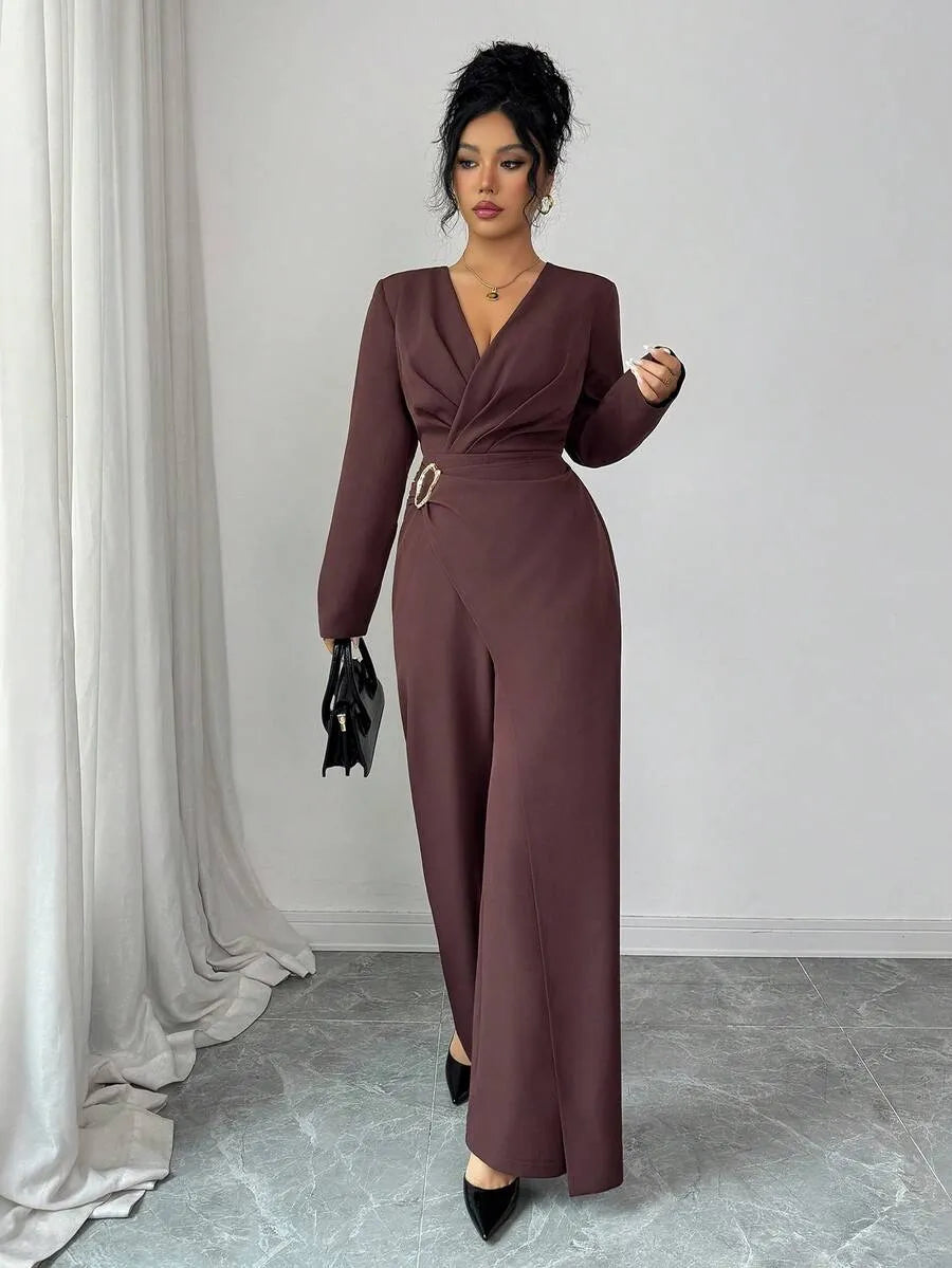 SHEIN Elenzga جمبسوت نسائي بياقة وتصميم متقاطع وسحاب بلون بني