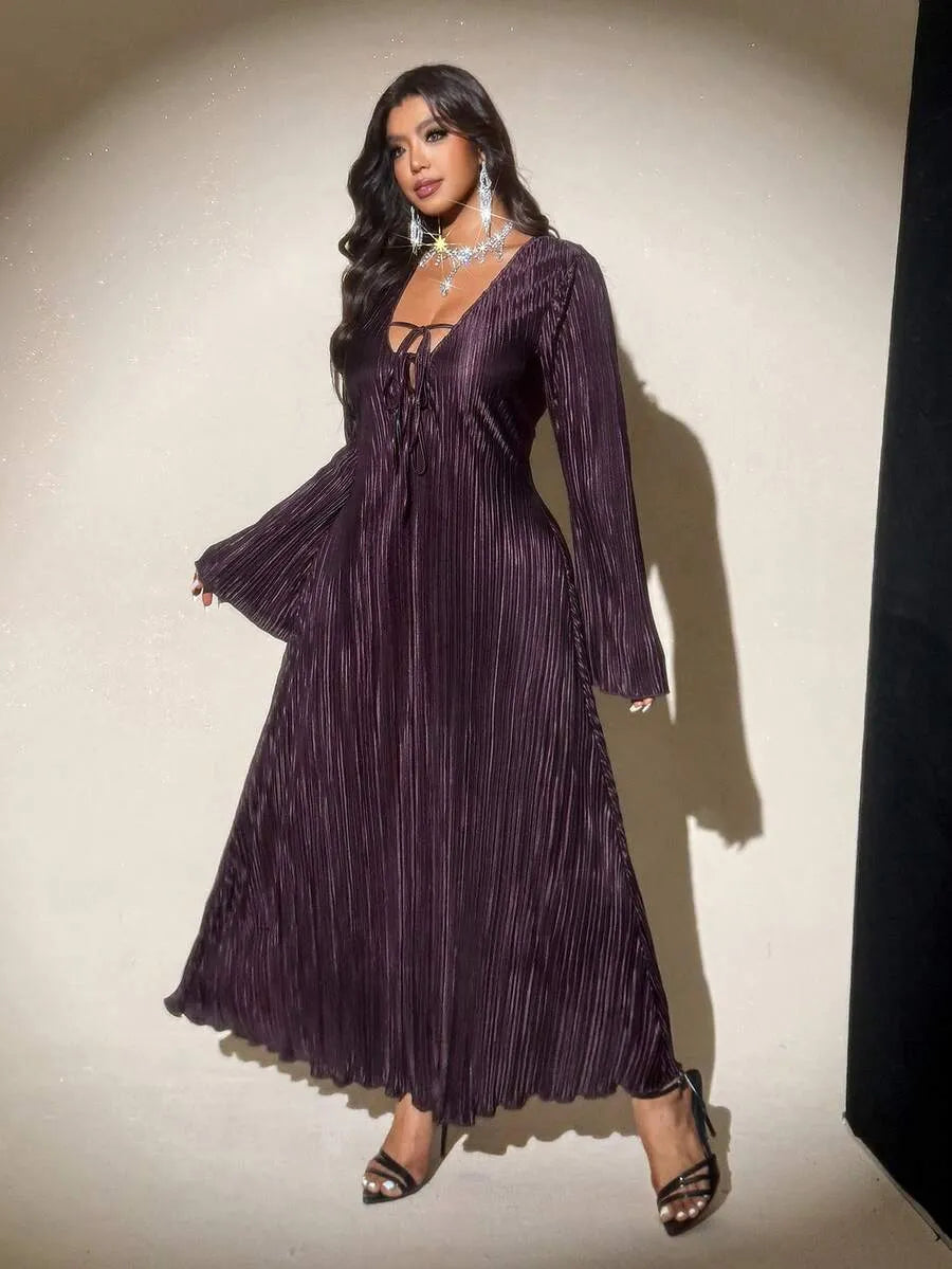 SHEIN Viva Relle فستان نسائي بياقة ورباط أمامي بلون بني