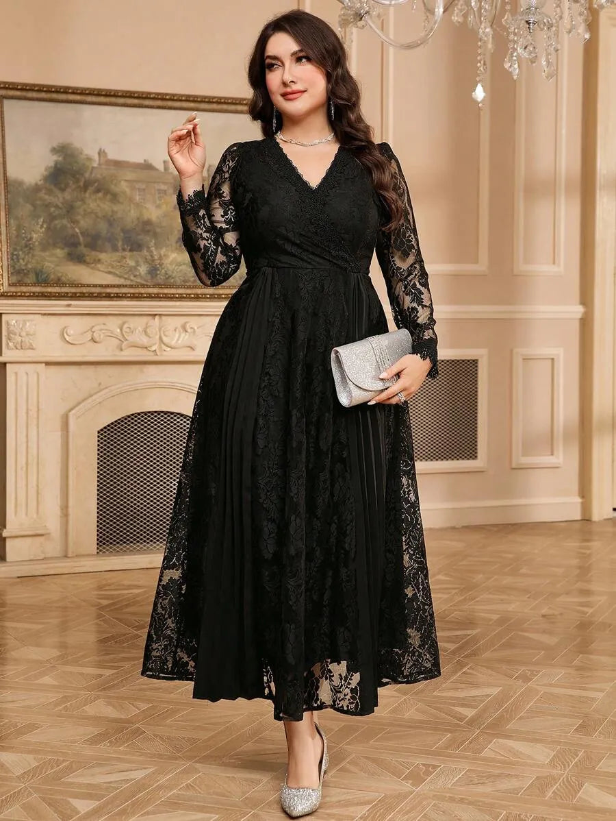 SHEIN Modelyn فستان نسائي طويل من الدانتيل بياقة وأكمام طويلة بلون أسود