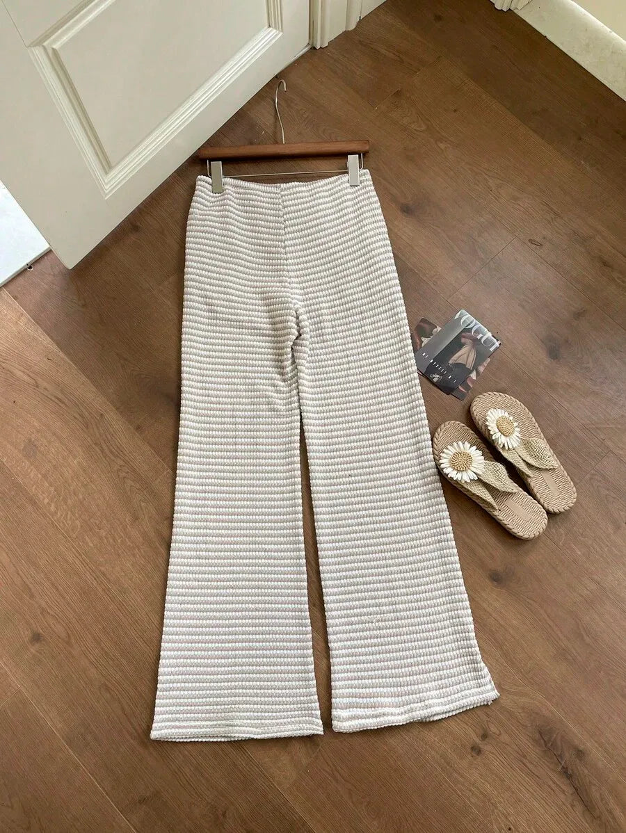 SHEIN Comfortcana بنطال نسائي كاجوال مخطط بخصر برباط بلون كاكي