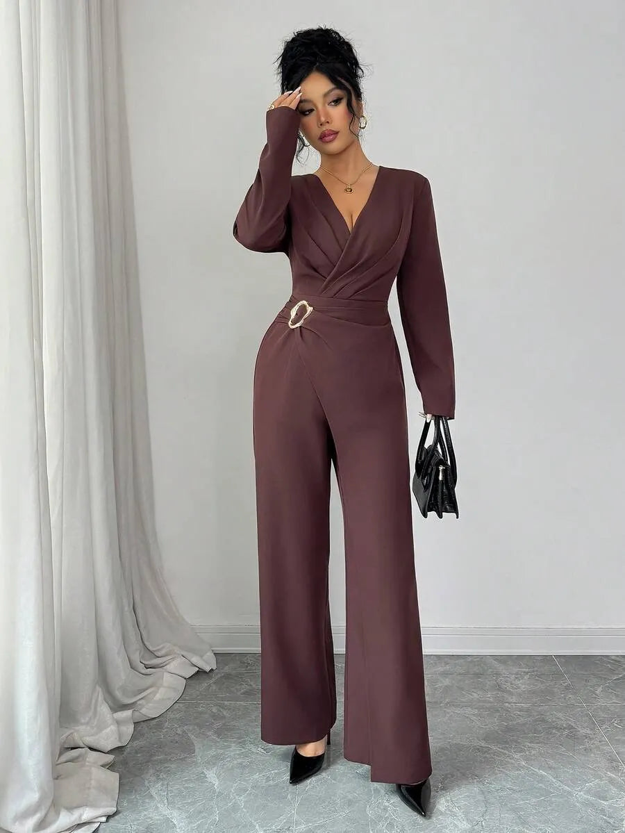SHEIN Elenzga جمبسوت نسائي بياقة وتصميم متقاطع وسحاب بلون بني